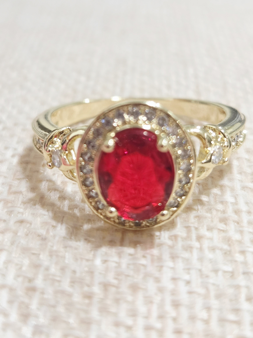 Gold Ring with Red Oval Center Stone and Clear Accent Stones~ Size 10